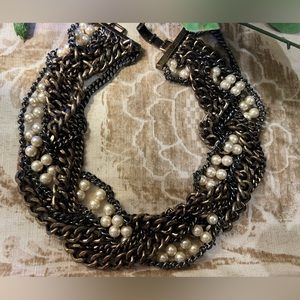 J Crew Art Deco  Bronze and Pearl braided  Statement Necklace